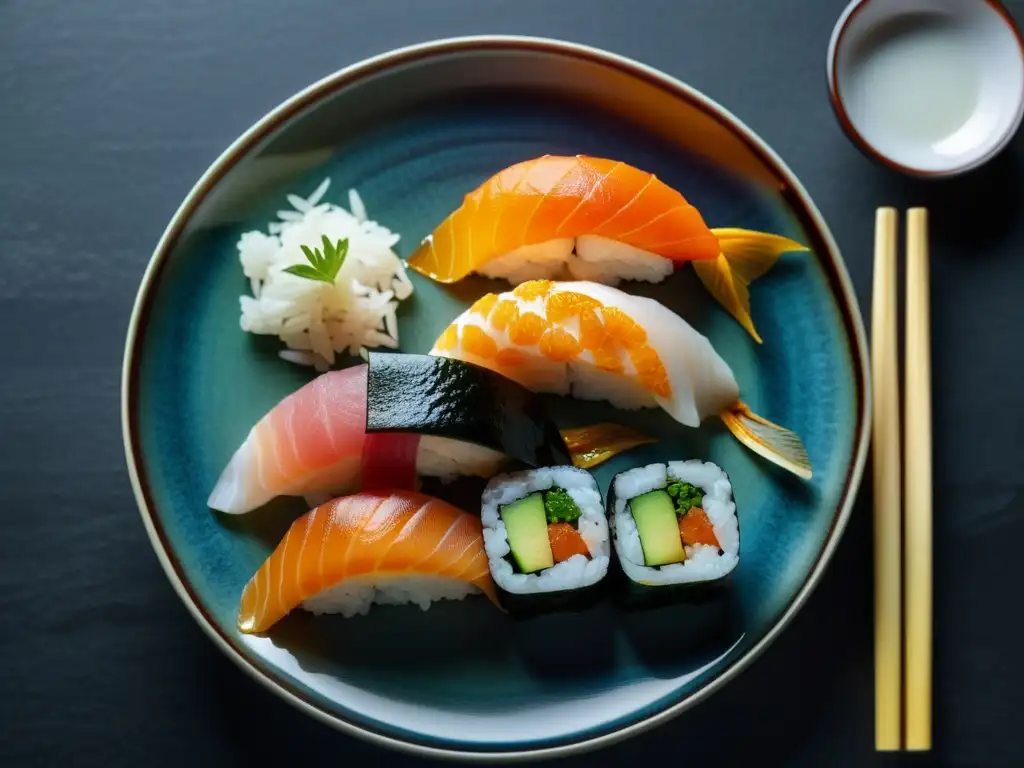 Una exquisita presentación de sushi con influencias asiáticas, destacando la vanguardia culinaria y la atención al detalle