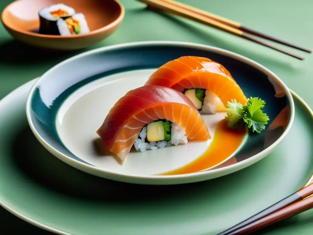 Una exquisita presentación de sushi y sashimi en plato de diseño minimalista, influencias asiáticas emplatado vanguardia