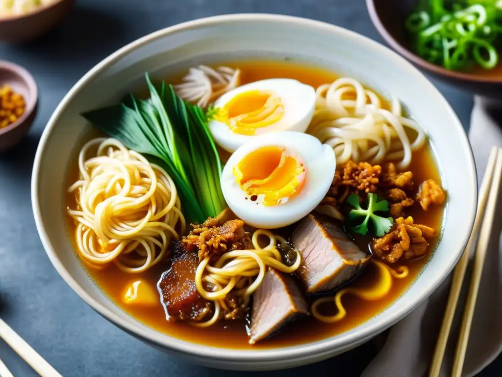 Una exquisita y reconfortante imagen de un cuenco de ramyeon coreano con fideos, cerdo, huevo, cebolla y caldo