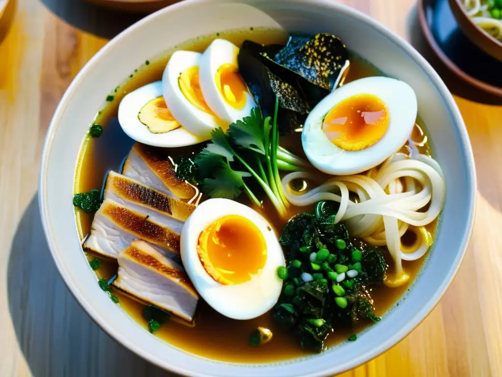 Una exquisita y reconfortante sopa de ramen, con todos sus deliciosos ingredientes, evocando el boom del ramen global