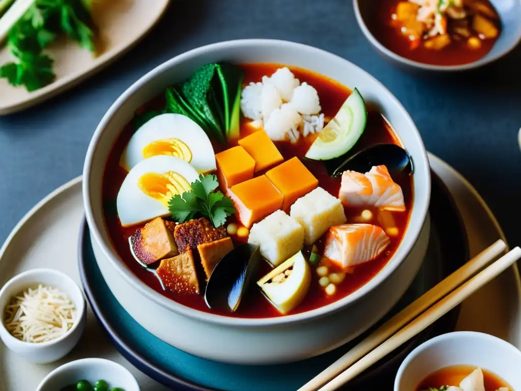 Una exquisita sopa de tofu coreana con mariscos, verduras y kimchi, servida en un tazón de cerámica con palillos