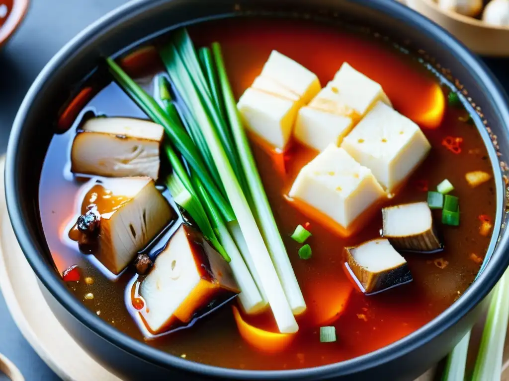 Una exquisita sopa de tofu coreana, con tofu, setas y cebollas verdes en un hirviente caldo rojo