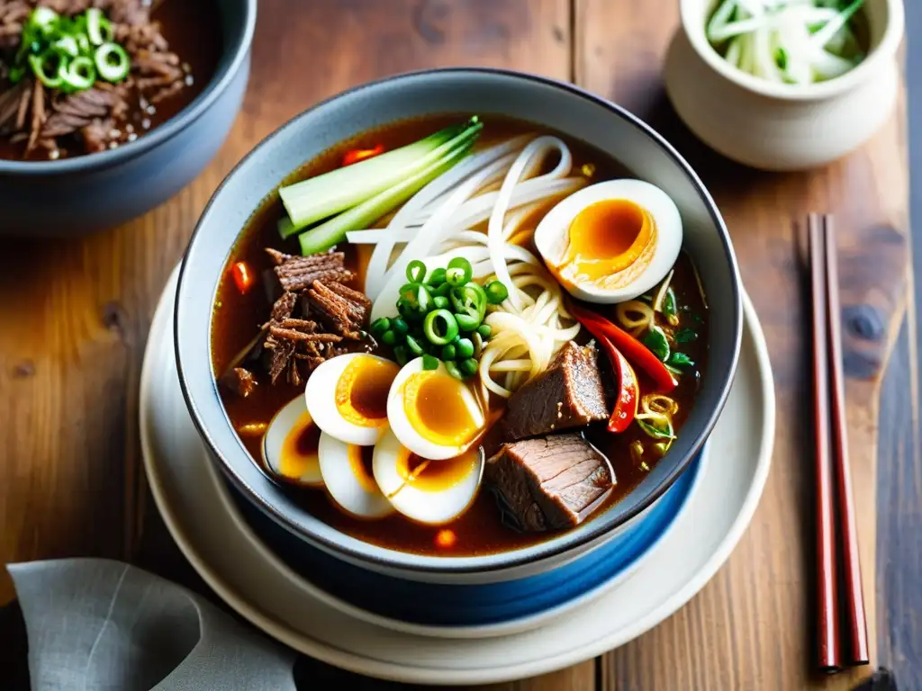 Una exquisita sopa picante coreana Yukgaejang, con carne tierna, fideos de batata y vegetales, servida en un tazón rústico sobre una mesa de madera