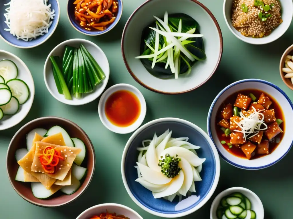 Una exquisita variedad de platos banchan, con kimchi, namul y vegetales en cerámica tradicional