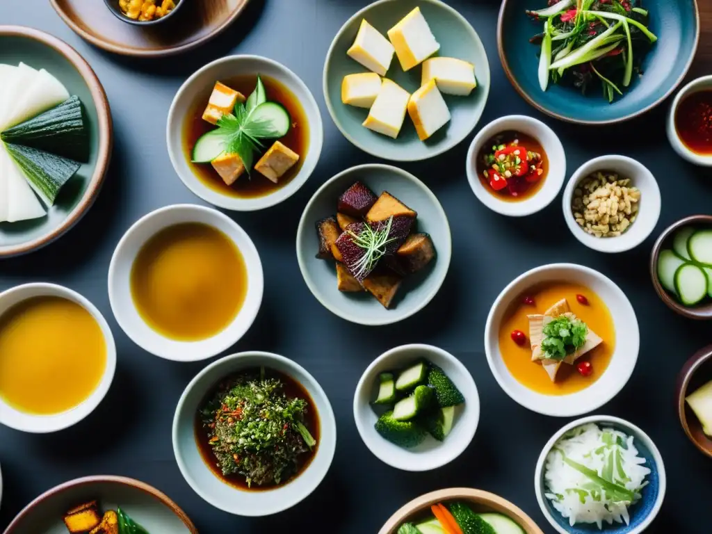 Una exquisita variedad de banchan tradicionales coreanos, presentados con elegancia sobre madera oscura