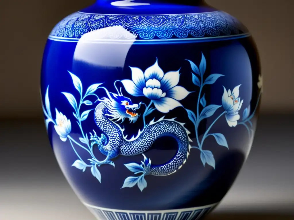 Una exquisita vasija de porcelana china, pintada a mano con motivos de dragones y peonías en azul cobalto