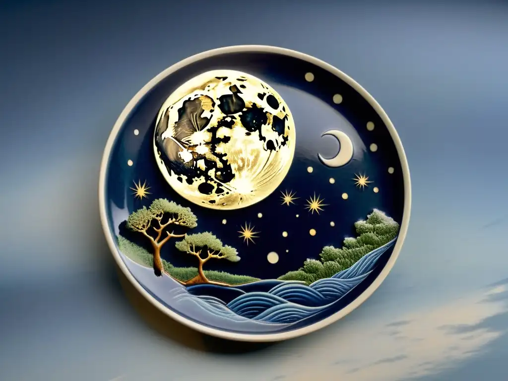 Exquisita representación visual de la luna en el arte japonés: plato cerámico pintado a mano con escena nocturna y luna llena