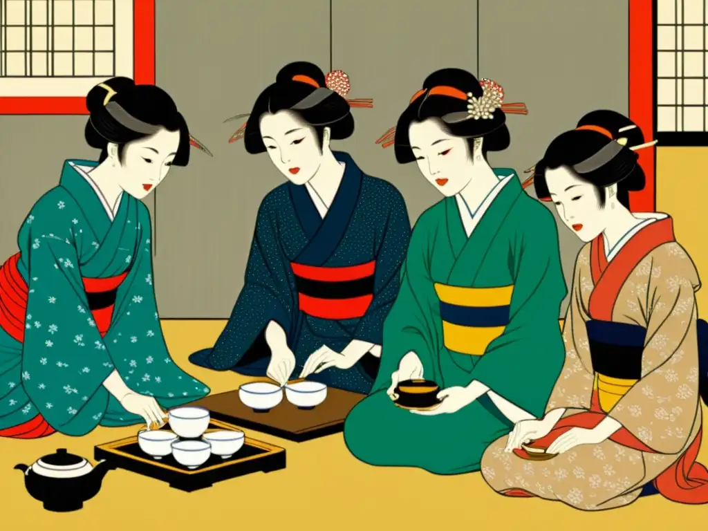 Una exquisita xilografía japonesa muestra a mujeres elegantes participando en una ceremonia del té