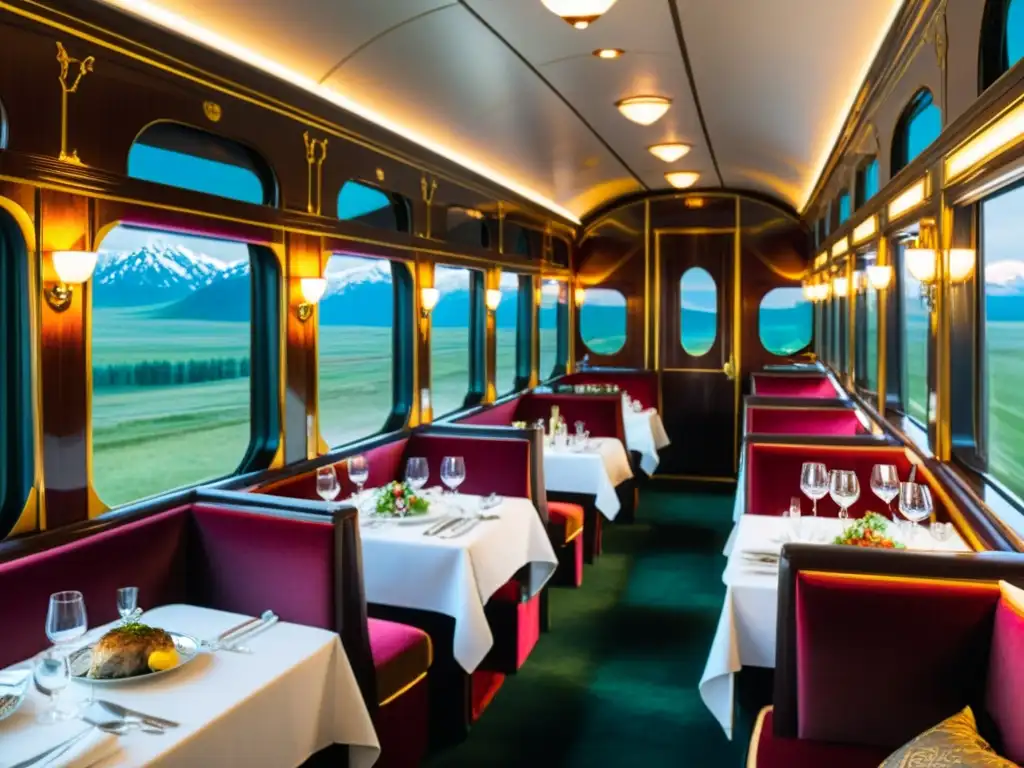 Disfrute de un exquisito banquete en el lujoso vagón comedor del Tren Transiberiano, con elegantes arreglos y pasajeros en traje formal, mientras el paisaje siberiano se despliega afuera