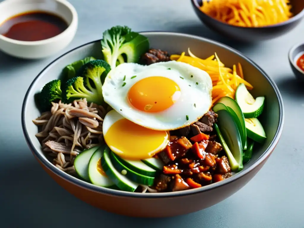 Un exquisito bibimbap coreano en un bol de piedra, entendiendo el umami en platos coreanos