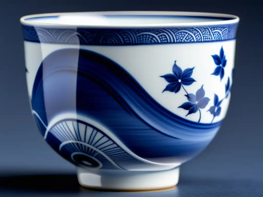 Un exquisito y detallado close-up de una delicada taza de porcelana, con diseños japoneses y coreanos en tonos azules y blancos