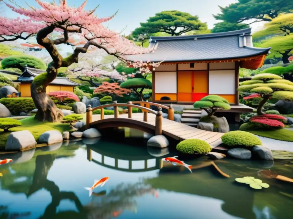 Un exquisito jardín japonés con bonsáis, estanque de peces koi y un teahouse entre cerezos en flor