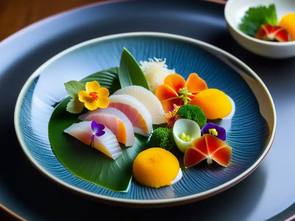 Un exquisito kaiseki japonés con sashimi, vegetales y flores comestibles, reflejando la precisión y arte de los restaurantes con Estrellas Michelin en Asia