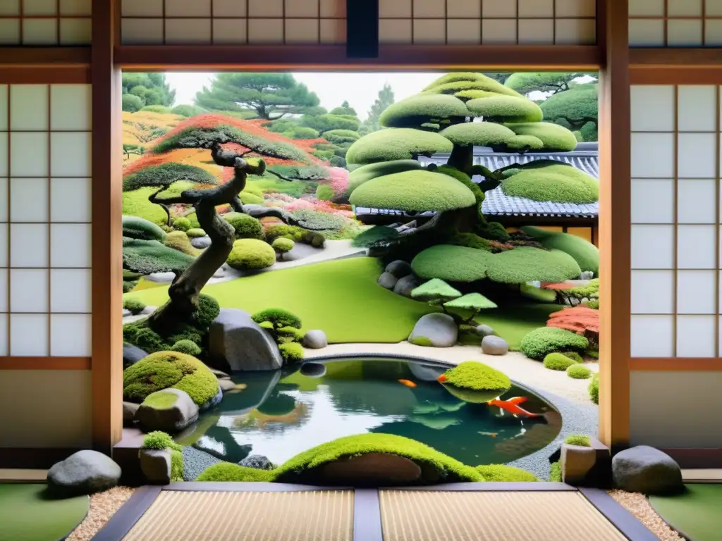 Un exquisito jardín japonés con senderos de grava, musgo verde, estanque de peces koi y bonsáis