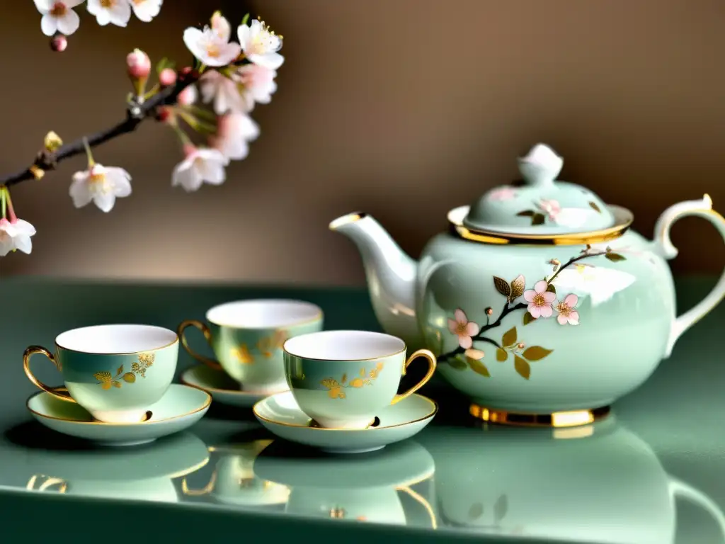 Exquisito juego de té de porcelana asiática con detalles de flores de cerezo pintados a mano en tonos pastel