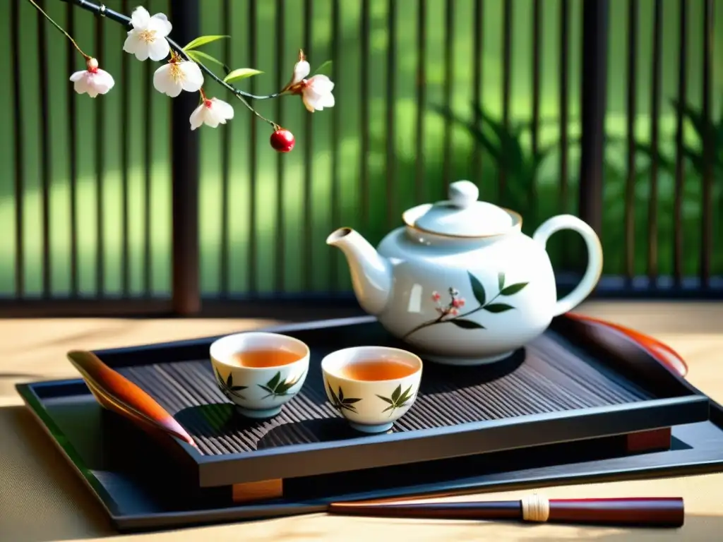 Un exquisito juego de té japonés de porcelana con motivos de flores de cerezo, dispuesto en una bandeja lacada