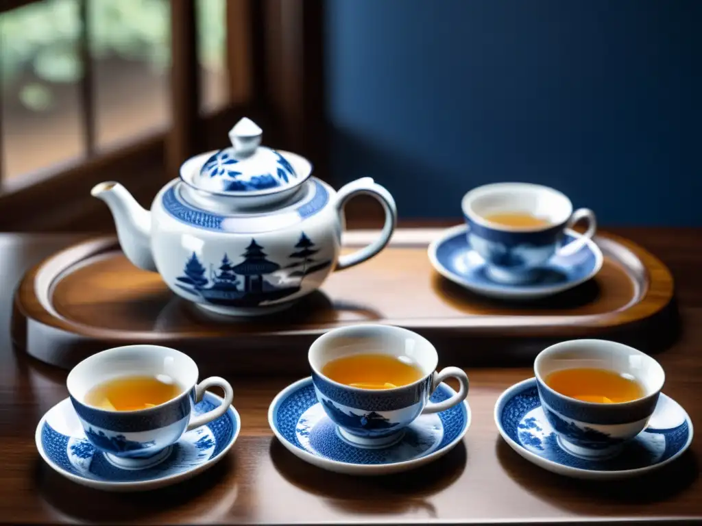 Un exquisito juego de té de porcelana inspirado en el arte asiático con detalles intrincados y lujo