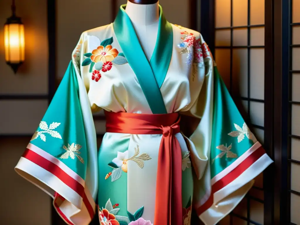 Maniquí exhibe un exquisito kimono japonés con alta costura, reflejo de la influencia global en la moda