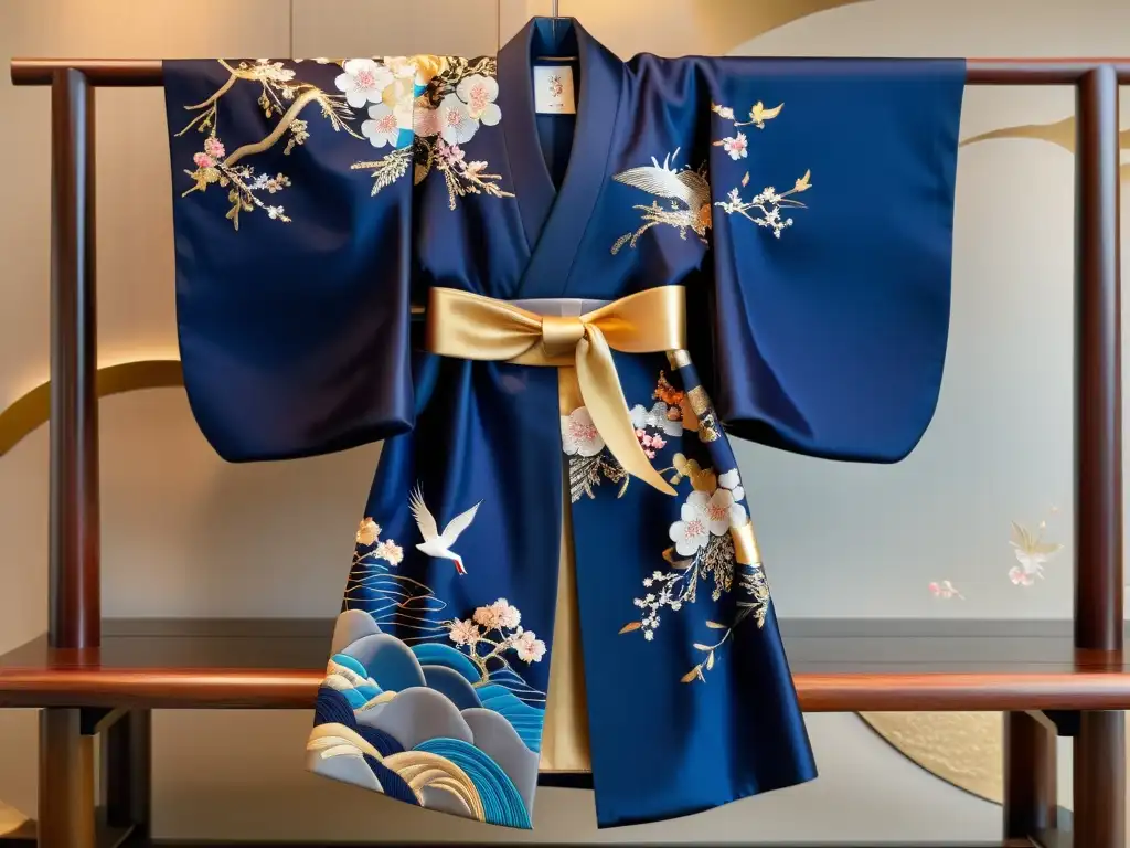 Exquisito kimono japonés con bordados de motivos tradicionales, simbolizando belleza y longevidad