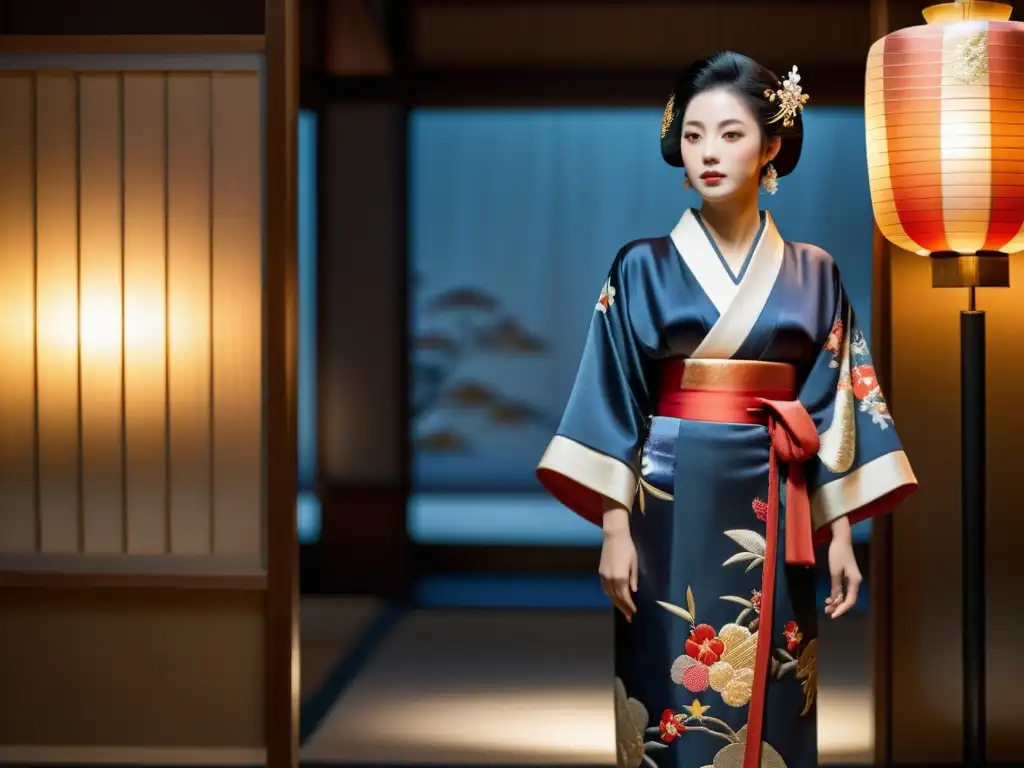 Exquisito kimono japonés en elegante museo, evocando la evolución moda lujo japonesa con detalles de artesanía y seda