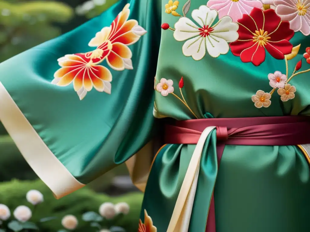 Un exquisito kimono japonés de seda, con elaborados detalles florales y colores vibrantes, en un sereno jardín japonés, evocando materiales tradicionales asiáticos en moda