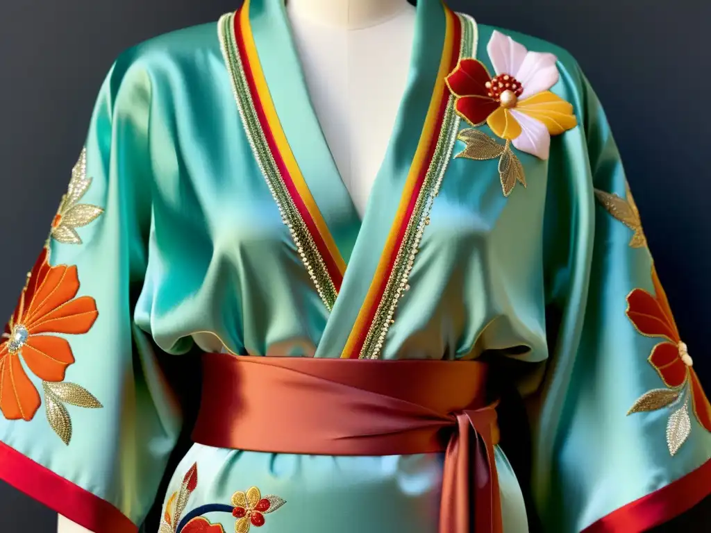 Exquisito kimono de seda diseñado por un lujoso diseñador de moda asiático, exhibiendo detalles y artesanía meticulosa