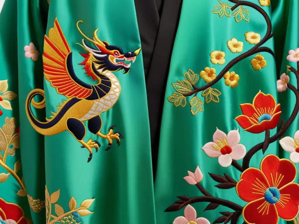 Un exquisito kimono de seda con intrincada ornamentación asiática alta moda, con colores vibrantes y detalles delicados