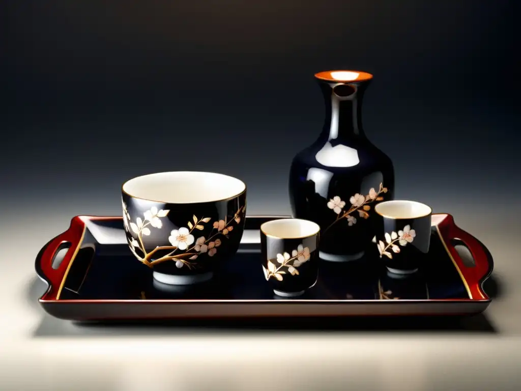 Exquisito maridaje exótico de vinos y platos de lujo con un delicado juego de sake de porcelana pintado a mano en un elegante entorno japonés