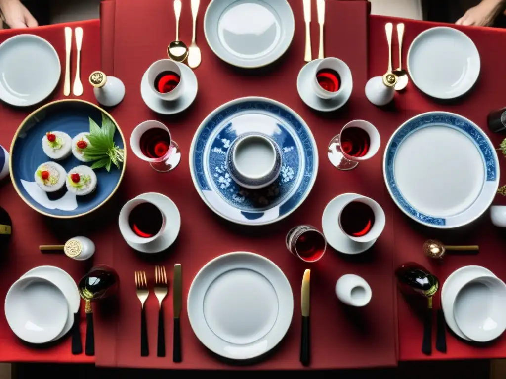 Exquisito maridaje de vinos y platos de lujo en una mesa elegante con influencia asiática, rodeada de comensales animados