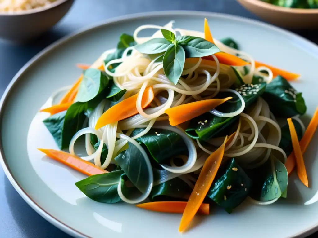 Un exquisito plato de japchae cristal coreano, con brillo y coloridos vegetales, en un entorno culturalmente auténtico