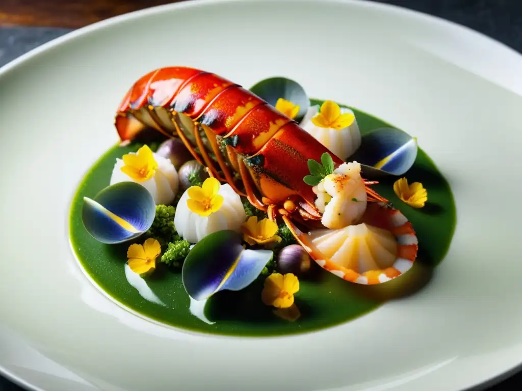 Exquisito plato de mariscos en restaurante con estrellas Michelin Asia