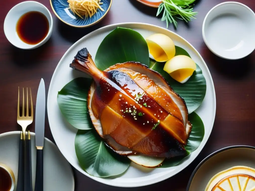 Un exquisito plato de pato lacado, con brillo dorado y cortes precisos, rodeado de elegancia