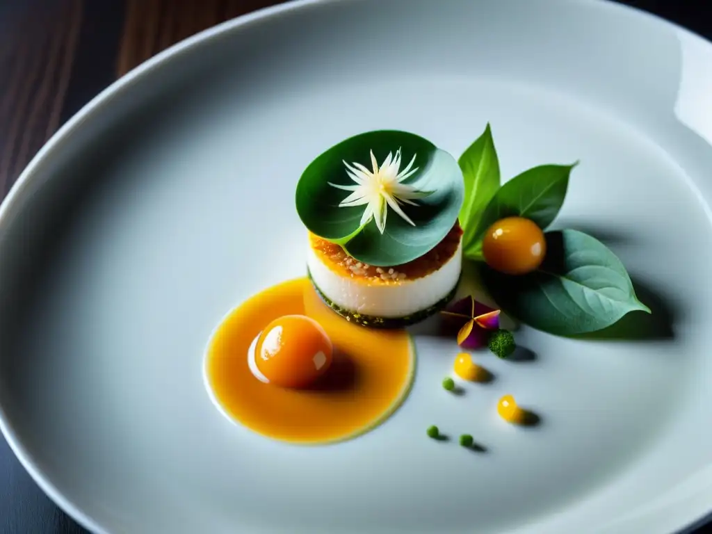 Exquisito plato en restaurante con Estrellas Michelin en Asia, con capas de ingredientes frescos y vibrantes, una obra de arte culinaria