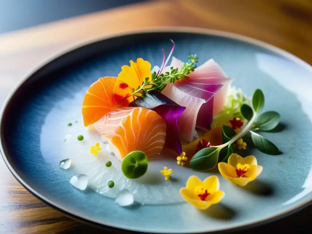 Exquisito plato de sashimi en restaurante japonés con Estrellas Michelin orientales