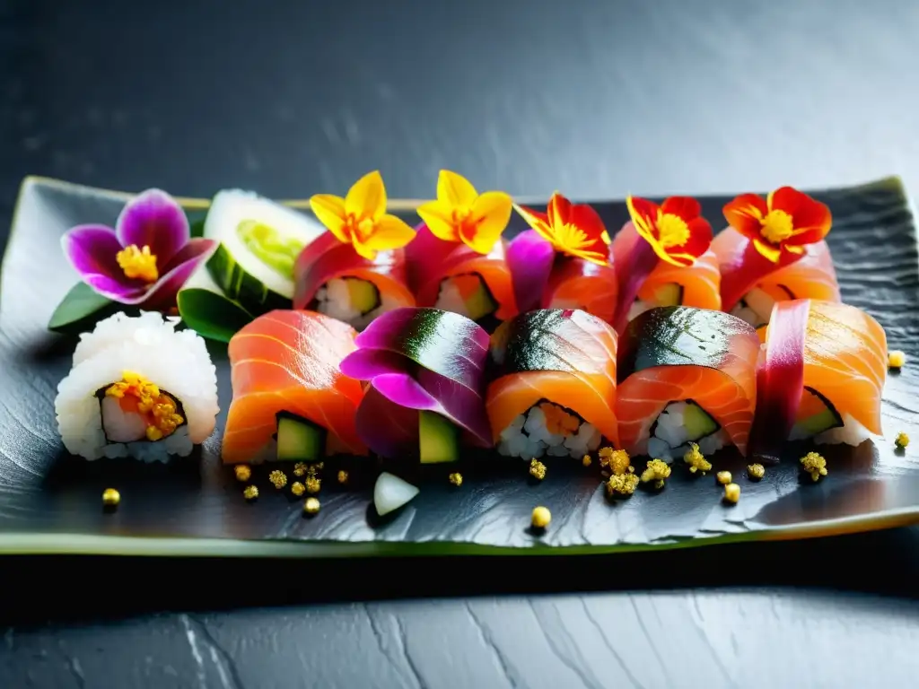 Un exquisito plato de sushi de otoro, nigiri y flores comestibles en un elegante tablero negro con luz natural