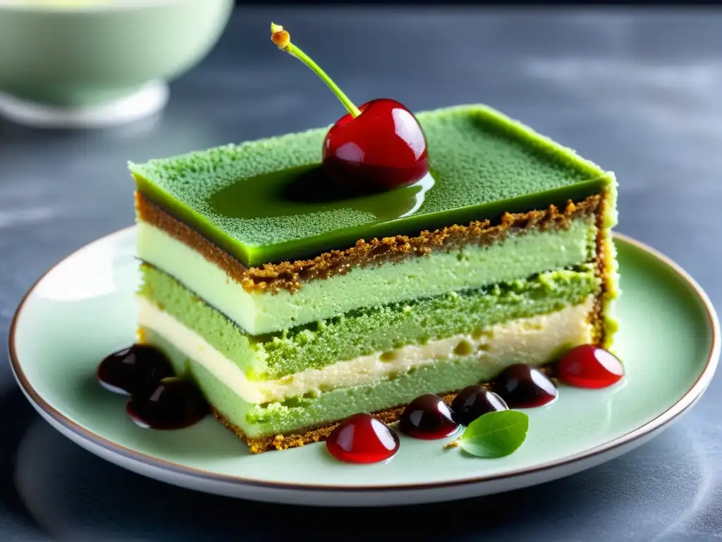 Un exquisito tiramisú japonés de matcha con maridaje vinos bebidas occidentales platos asiáticos