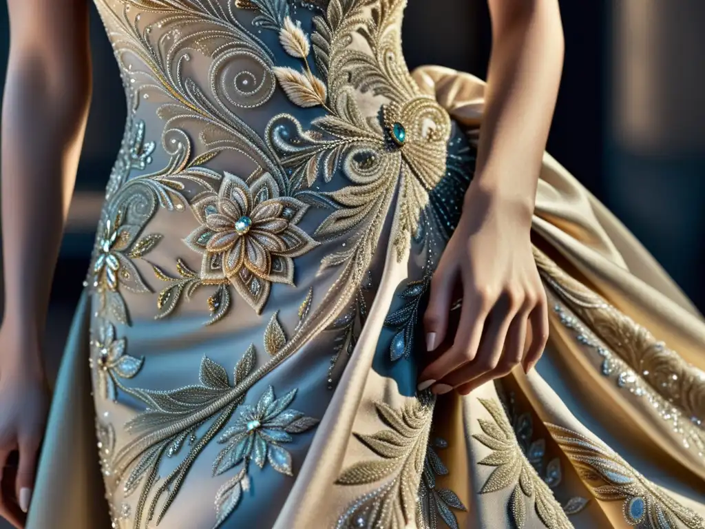 Un exquisito vestido de alta costura bordado a mano con detalle y dedicación en un lujoso atelier