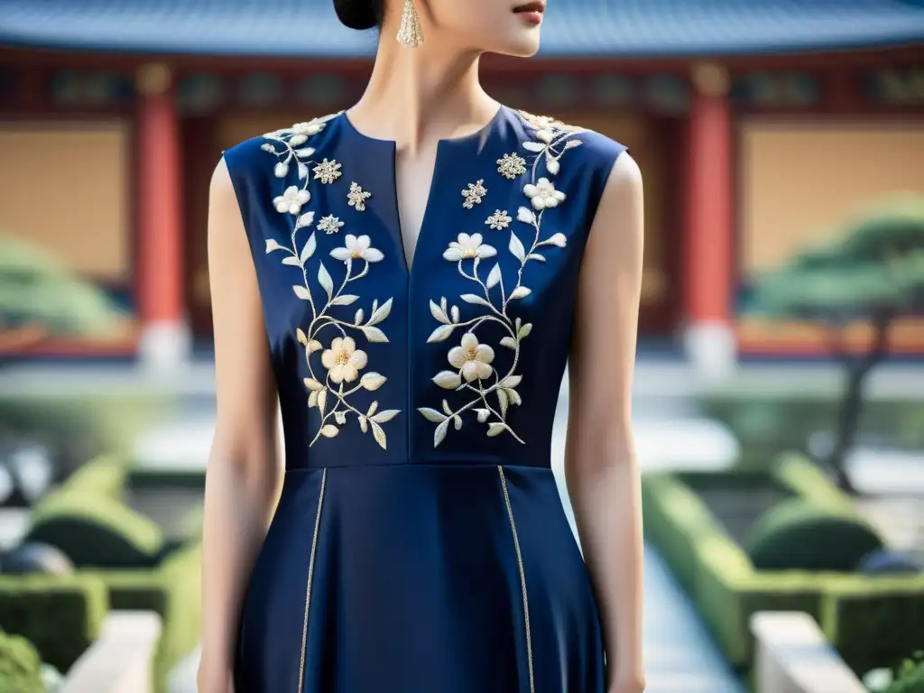 Exquisito vestido de seda con bordados de inspiración filosofía oriental moda, en un entorno zen sereno y elegante