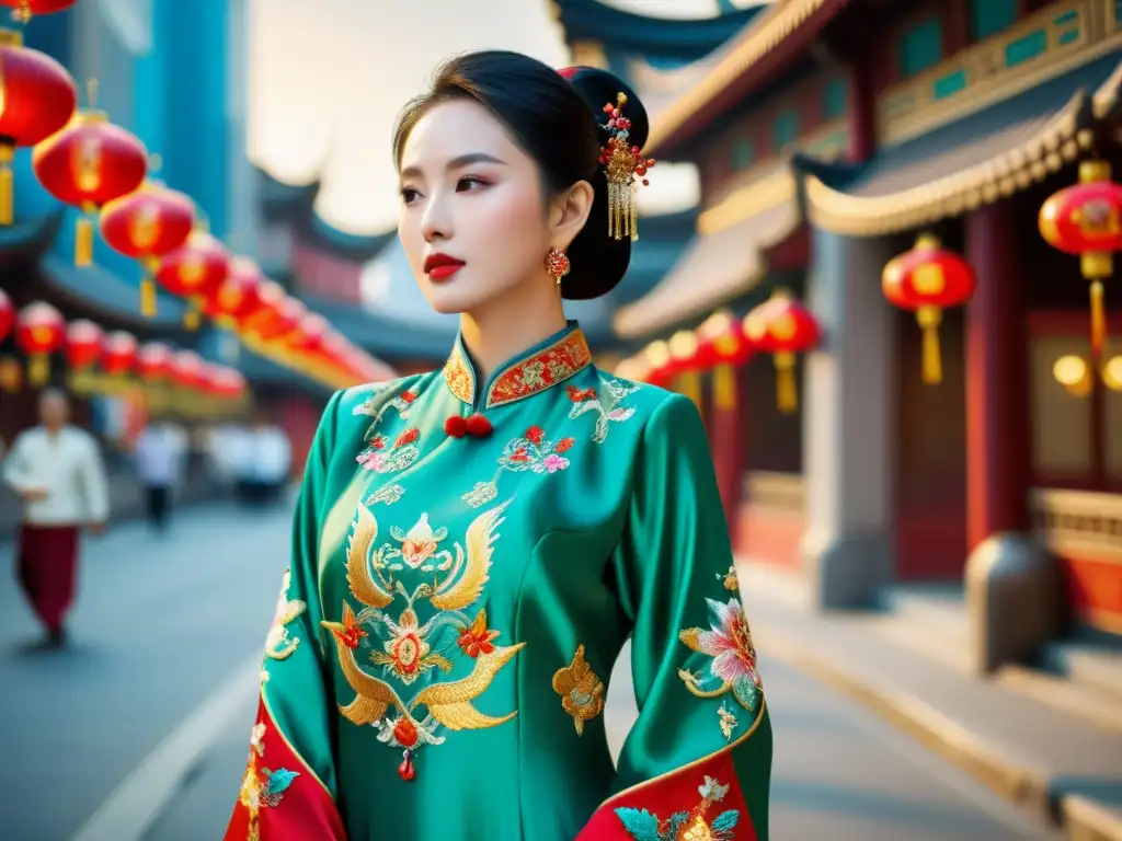 Un exquisito vestido de seda chino con dragones bordados en una bulliciosa calle de Shanghái