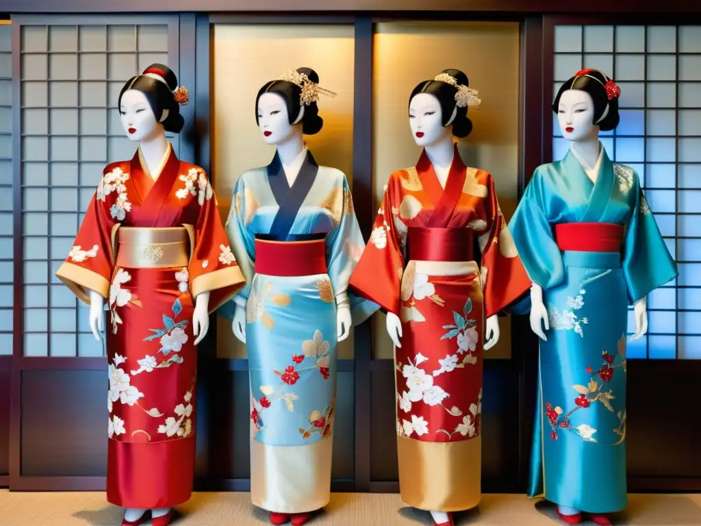 Exquisitos kimonos de seda en tonos rojos, azules y dorados, exhibidos en maniquíes decorativos con pantallas japonesas tradicionales de fondo