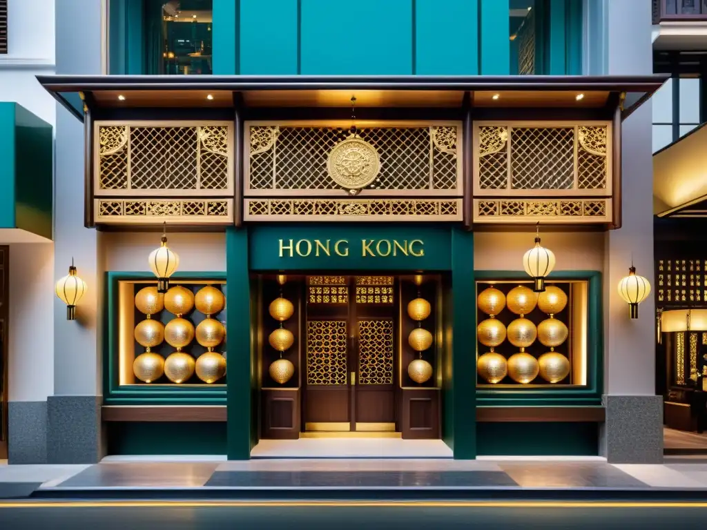 Exterior de tienda de lujo en Hong Kong, con elementos tradicionales asiáticos y toques de modernidad