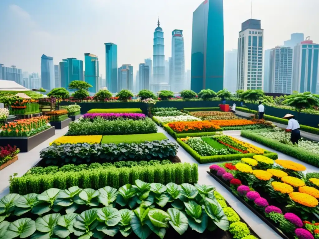 Un exuberante jardín en lo alto de una bulliciosa ciudad asiática, fusionando naturaleza y vida urbana