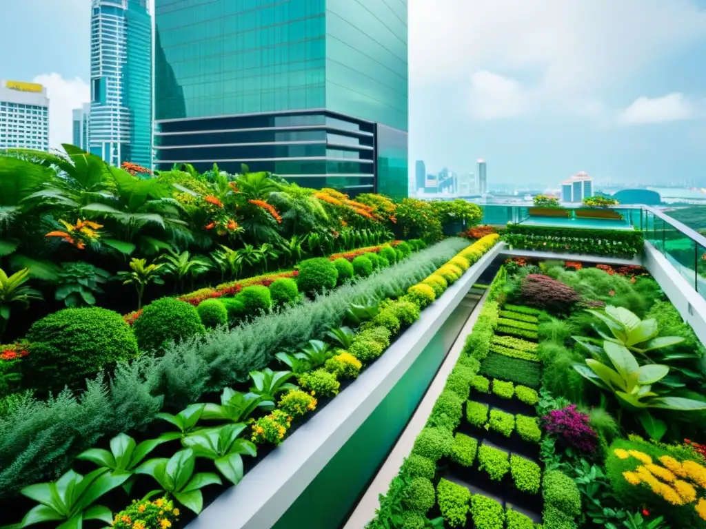 Jardín exuberante en una azotea de Singapur, con plantas nativas asiáticas y un contraste impresionante entre naturaleza y arquitectura