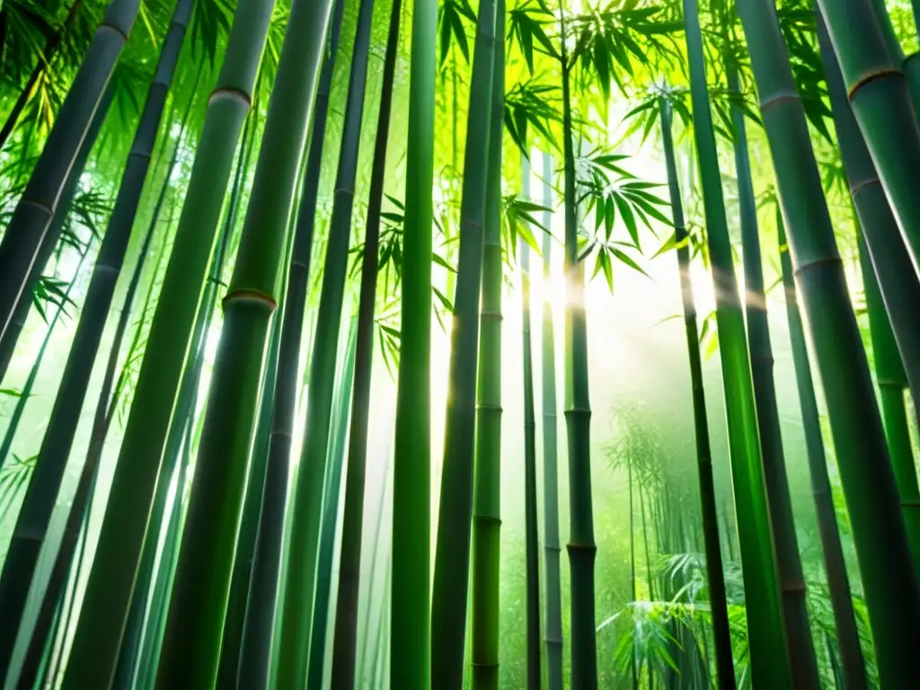 Exuberante bosque de bambú en Asia, reflejos de luz y sombra en las hojas verdes