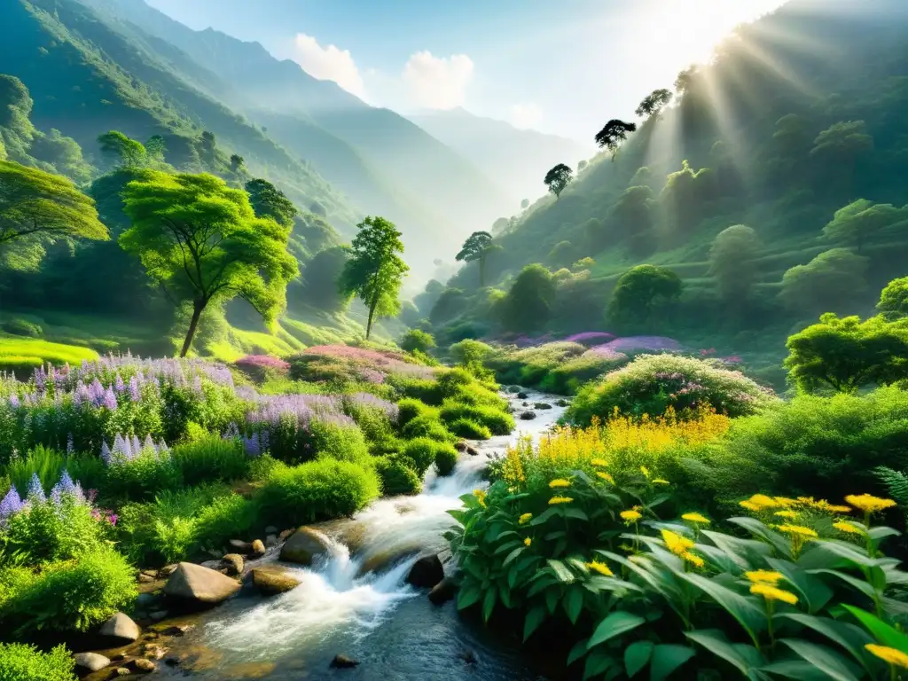Bosque exuberante en el Himalaya: un paraíso de serena belleza natural Exuberante bosque en los Himalayas, con flora diversa iluminada por el sol