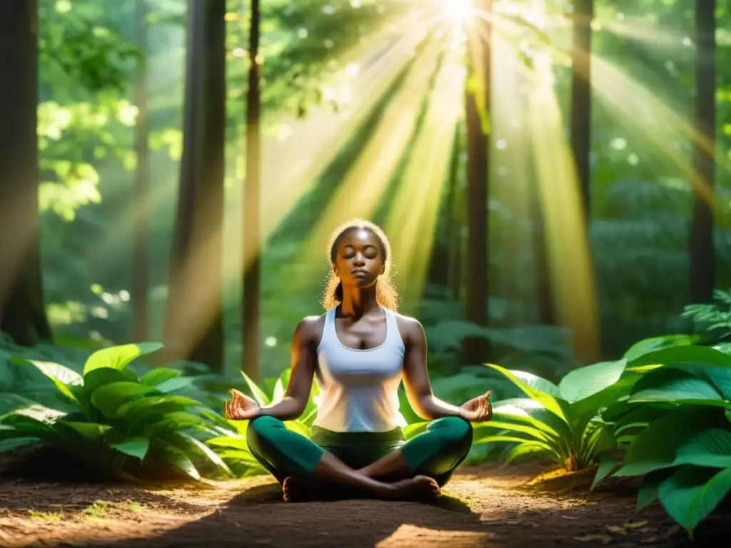 Figura meditando en un exuberante bosque, con luz dorada filtrándose entre las hojas