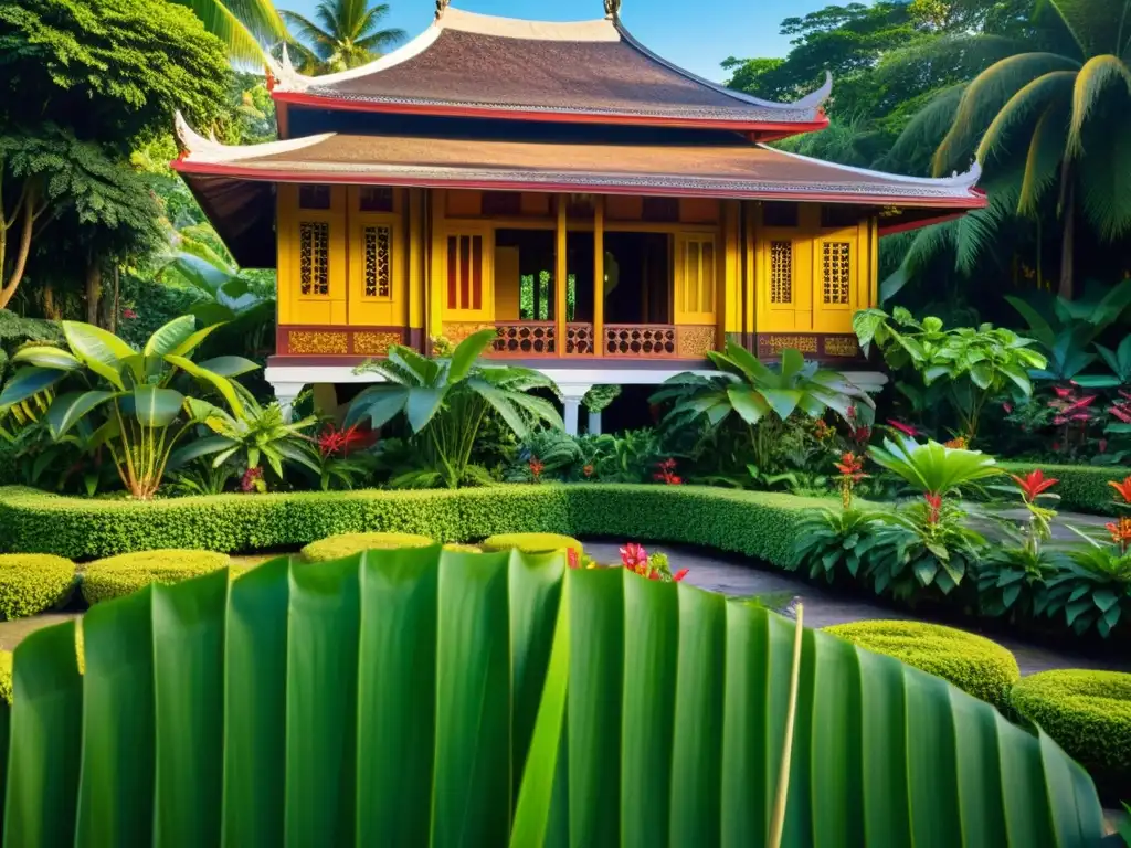 Un exuberante jardín tropical iluminado por la cálida luz del atardecer, con una casa malaya en el fondo