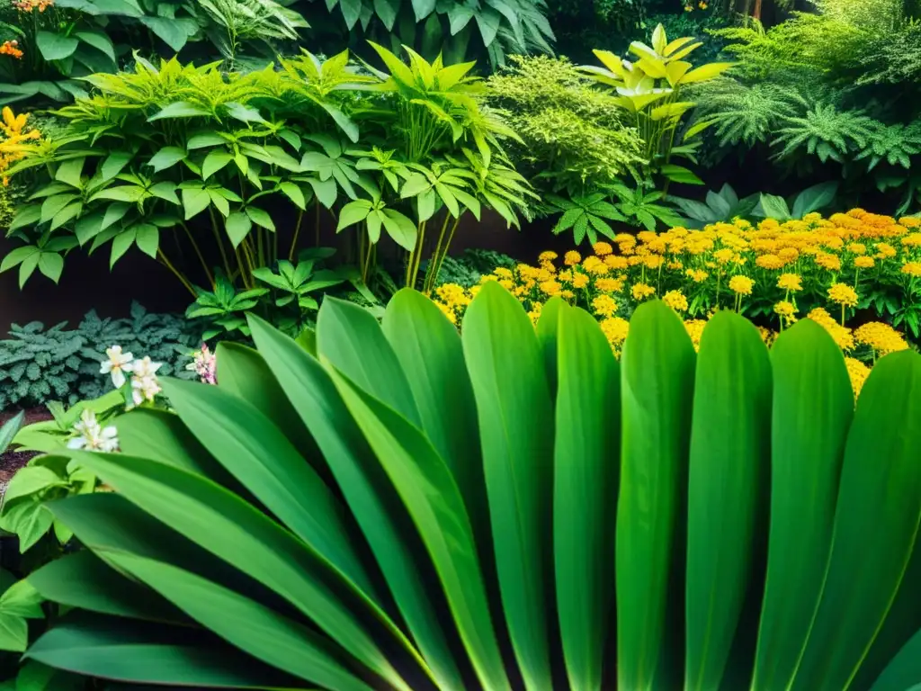 Un jardín exuberante lleno de plantas medicinales asiáticas en casa, bañado por la luz del sol entre las hojas