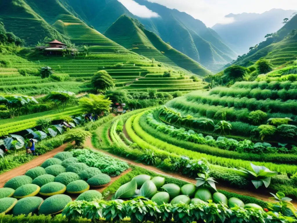 Un exuberante paisaje de una granja de permacultura en Asia, con una diversidad de frutas, verduras y hierbas prosperando en ecosistemas sostenibles