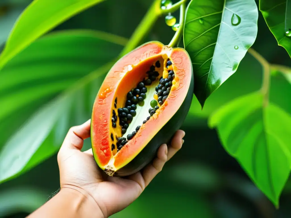 Una exuberante papaya madura es seleccionada a mano bajo el sol tropical